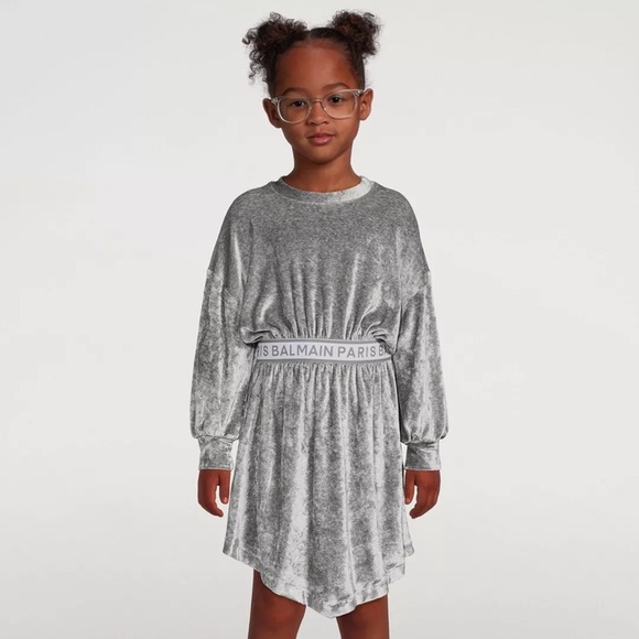 Balmain Girls Casual Velour Long-Sleeve Silver Waistband Dress